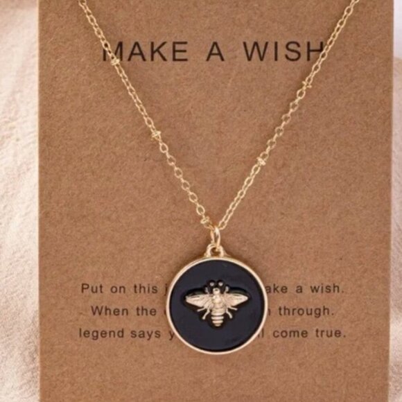 Bumble Bee Charm Necklace Black & Gold Pendent Necklace Make A Wish NWT Adorable - Picture 4 of 4